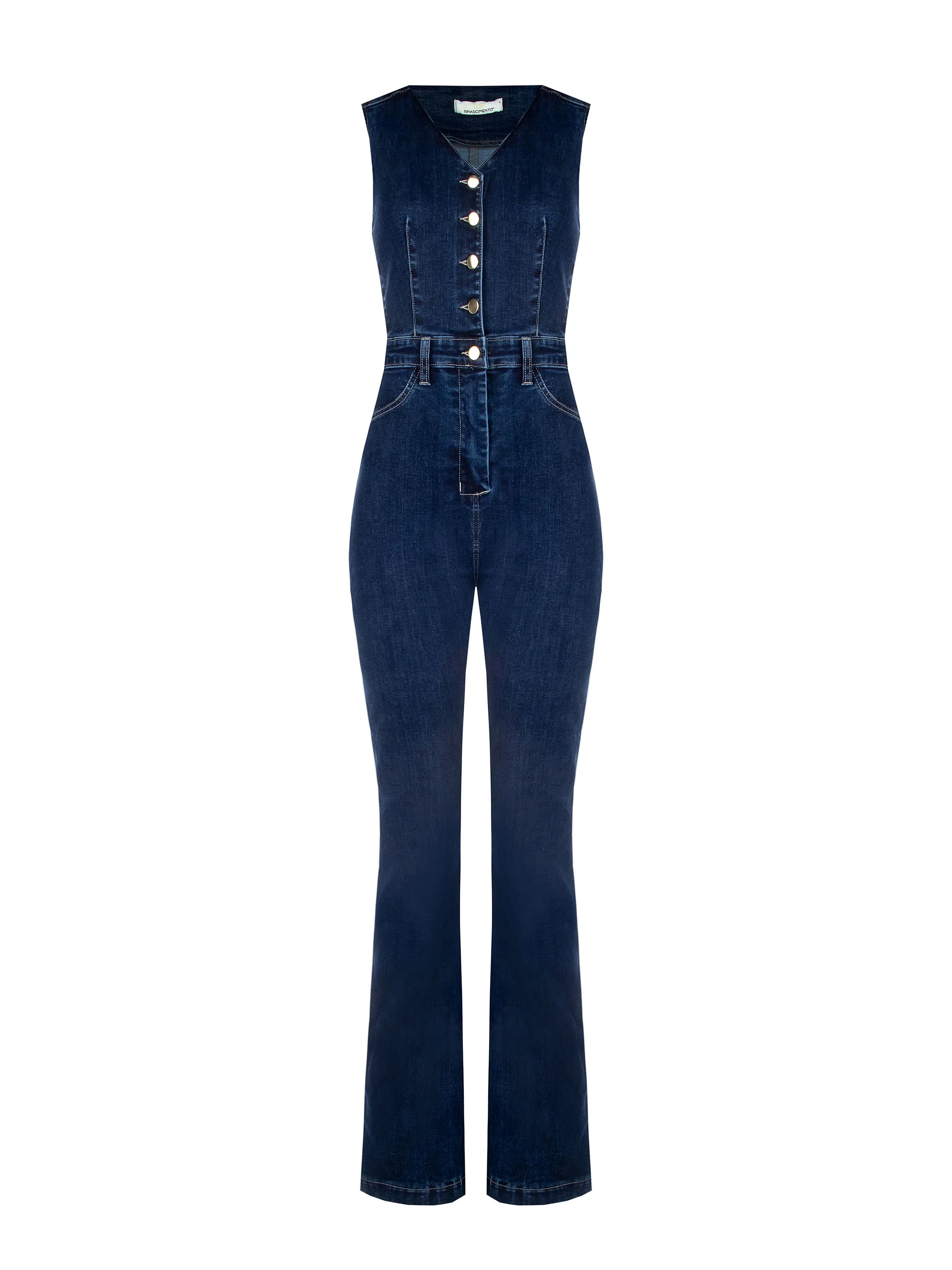 Tuta lunga in denim blu navy con bottoni a vista - Image 5