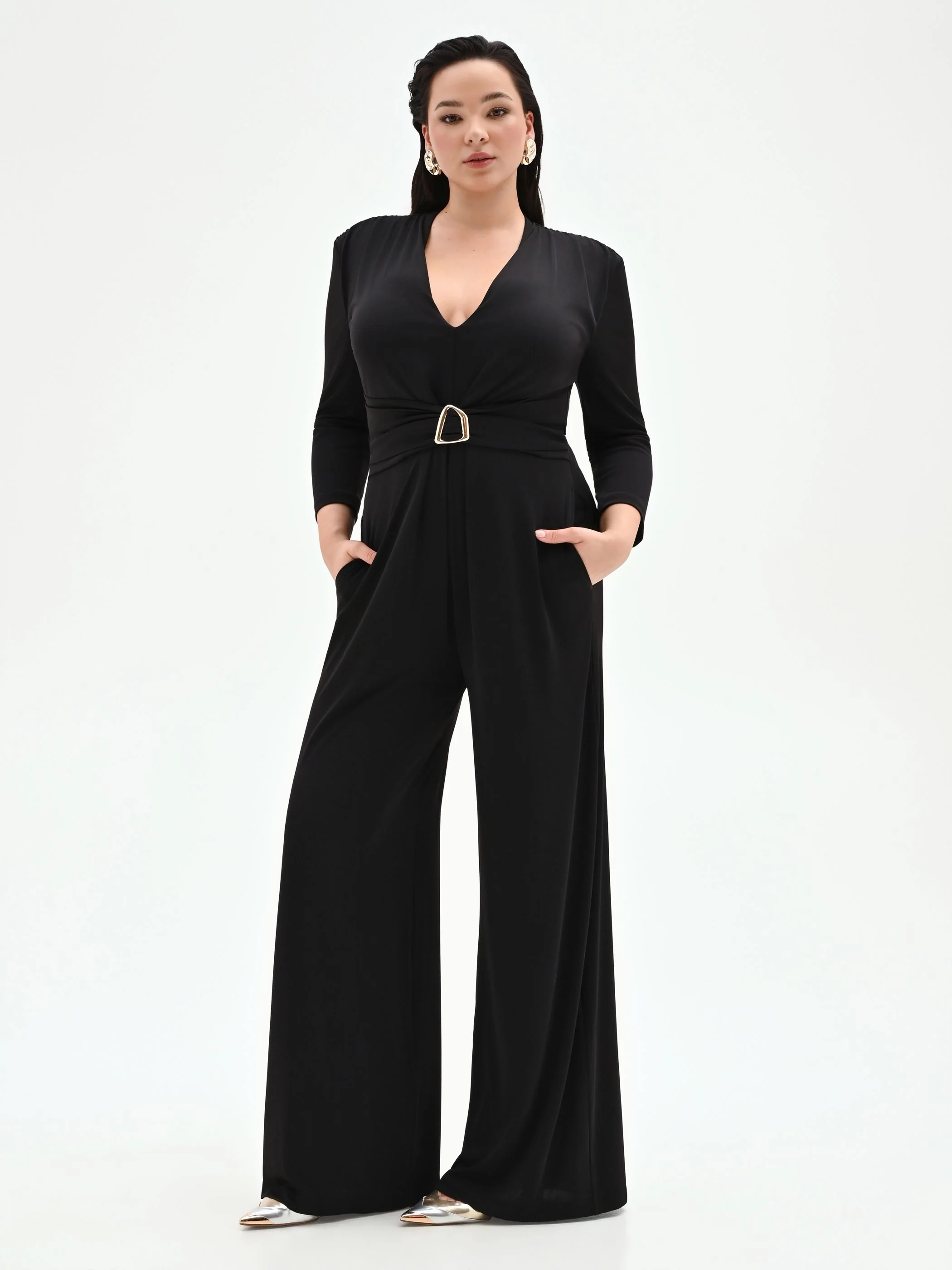 Tuta nera Curvy palazzo in jersey fluido - Image 3