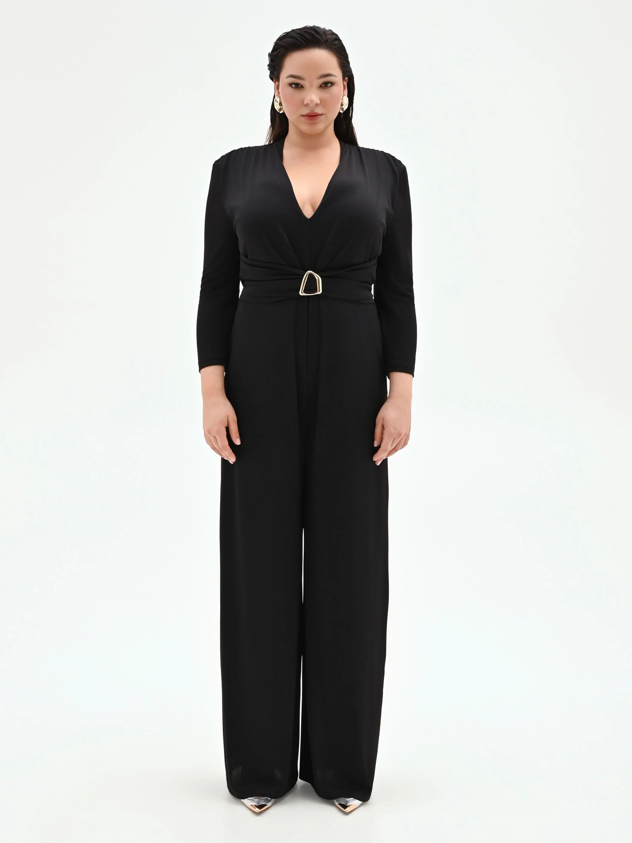 Tuta nera Curvy palazzo in jersey fluido - Image 4