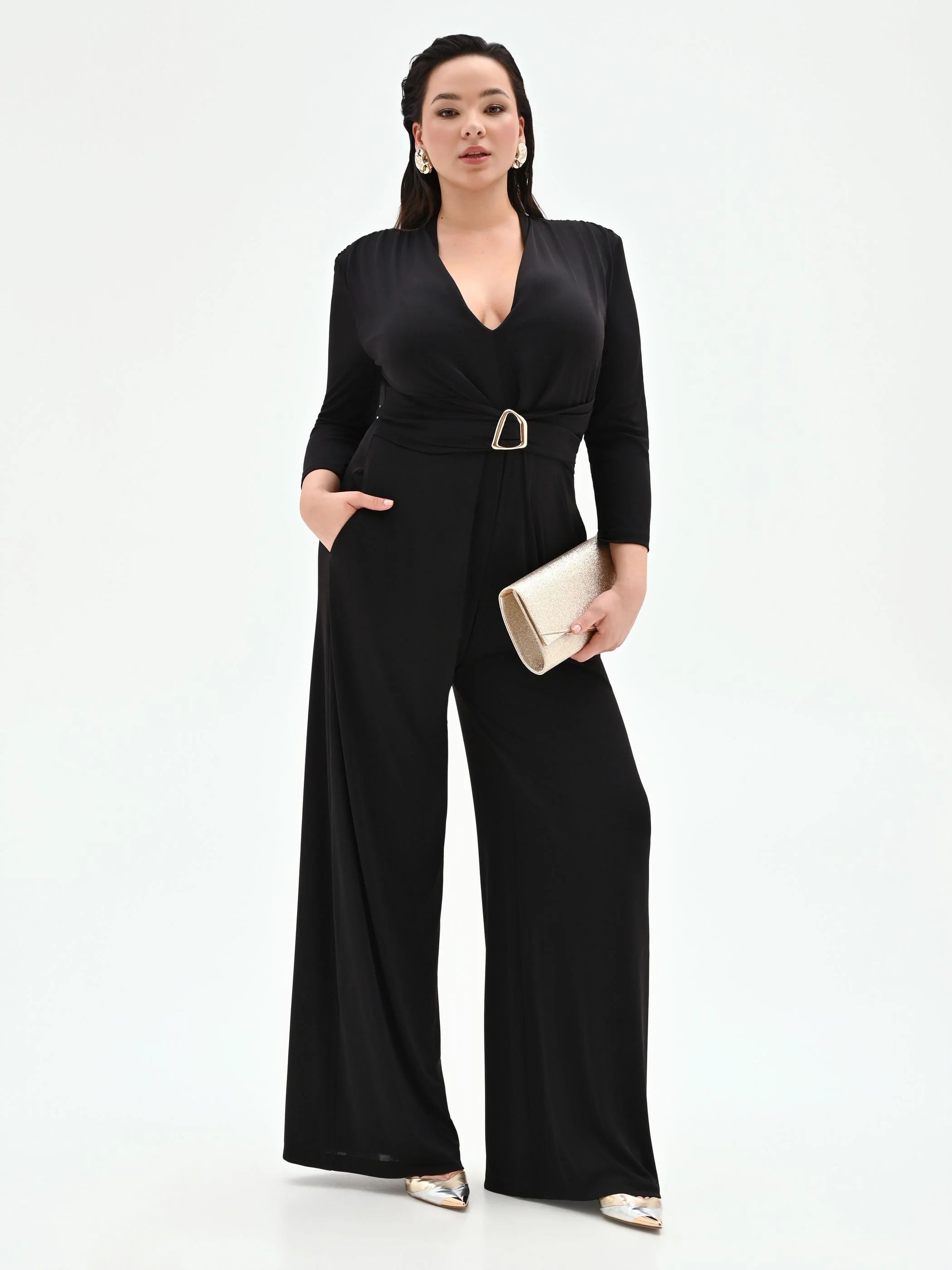 Tuta nera Curvy palazzo in jersey fluido - Image 6