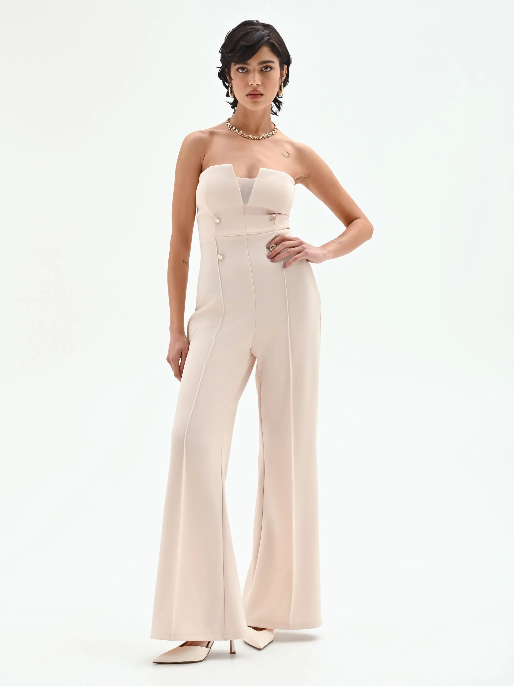 Tuta palazzo beige chiaro con bottoni e bustier - Image 4