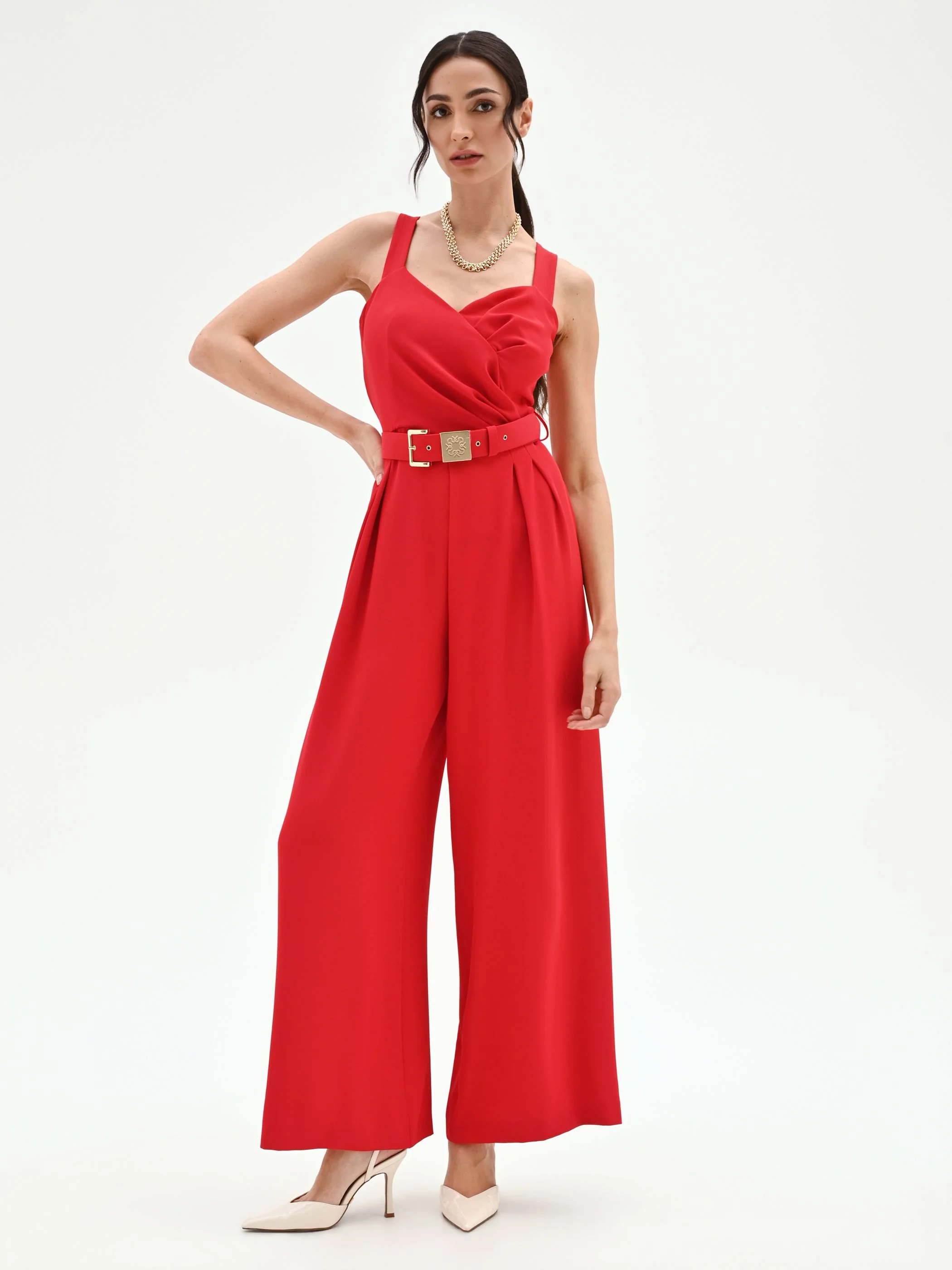 Tuta rossa con pantaloni palazzo e cintura in cadi - Image 4