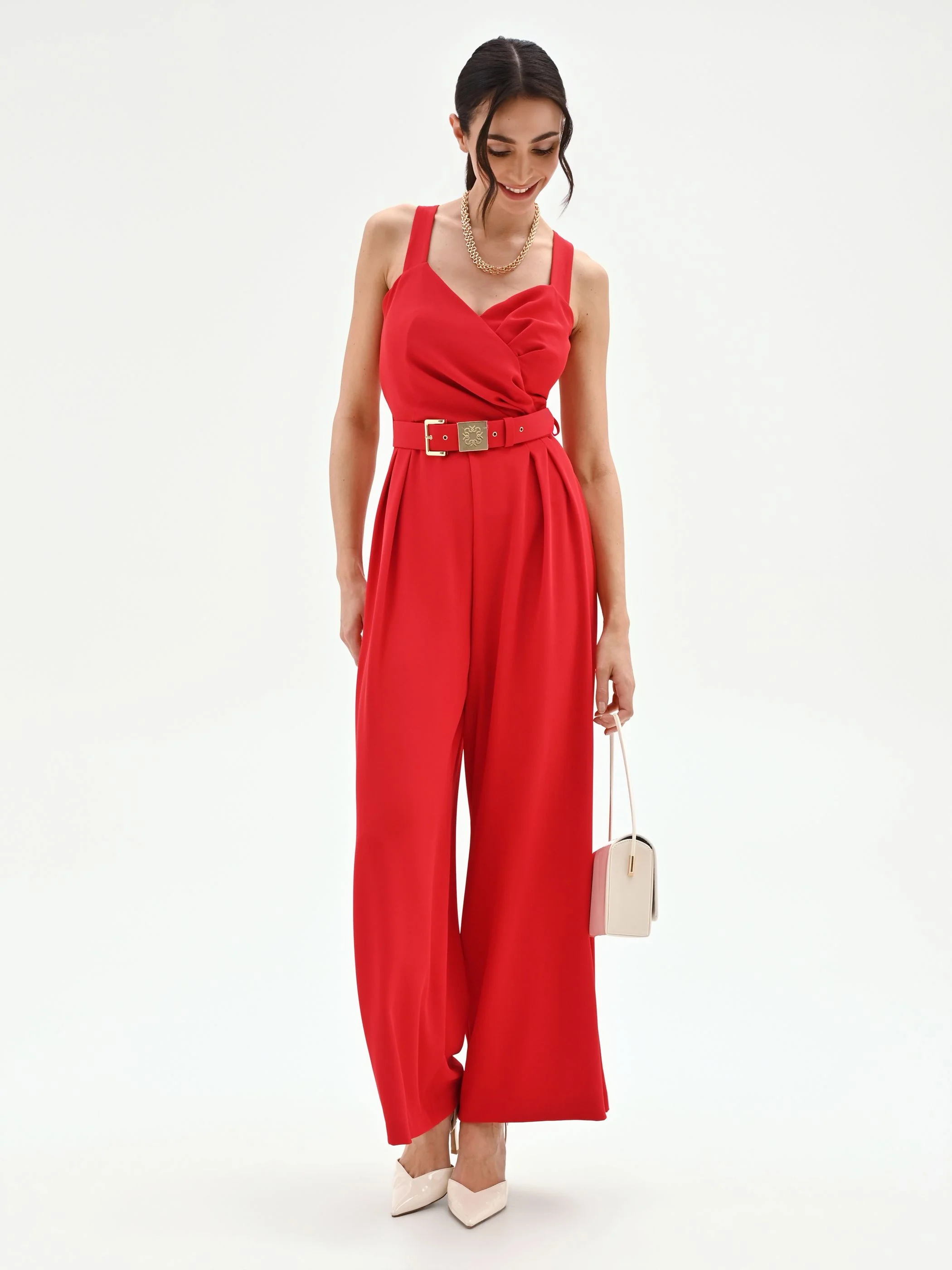 Tuta rossa con pantaloni palazzo e cintura in cadi - Image 5